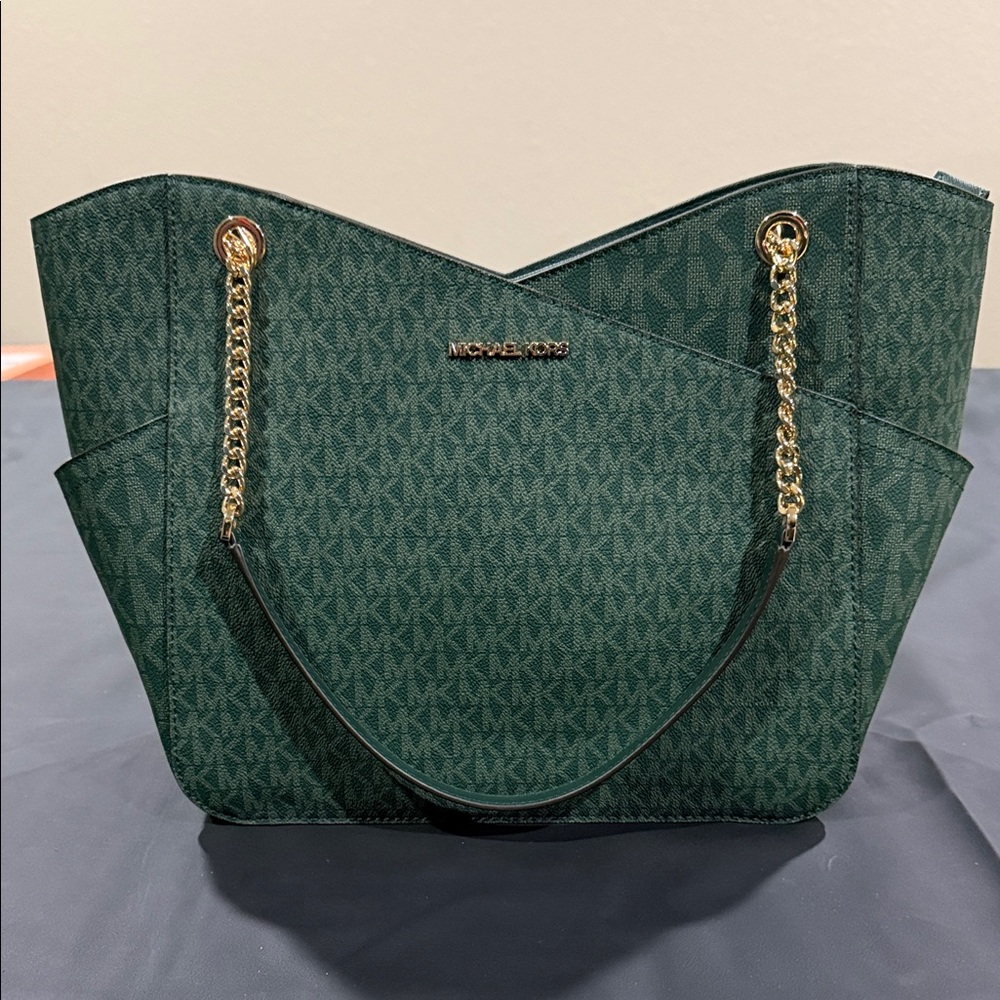 Michael Kors Dark Green Tote with Gold Chain